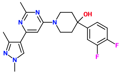 MC085515 4-(3,4-Difluorophenyl)-1-(6-(1,3-dimethyl-1H-pyrazol-4-yl)-2-methylpyrimidin-4-yl)piperidin-4-ol (image for) MC085515 4-(3,4-Difluorophenyl)-1-(6-(1,3-dimethyl-1H-pyrazol-4-yl)-2-methylpyrimidin-4-yl)piperidin-4-ol